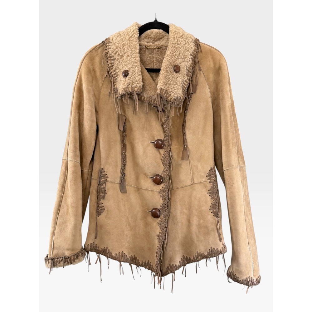 Gino's Vintage Suede Leather Jacket Womens M Tan Penny Lane Sherpa Fringe Luxury